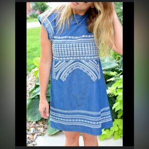 Chicwish Blue and White Embroidered Chambray Dress